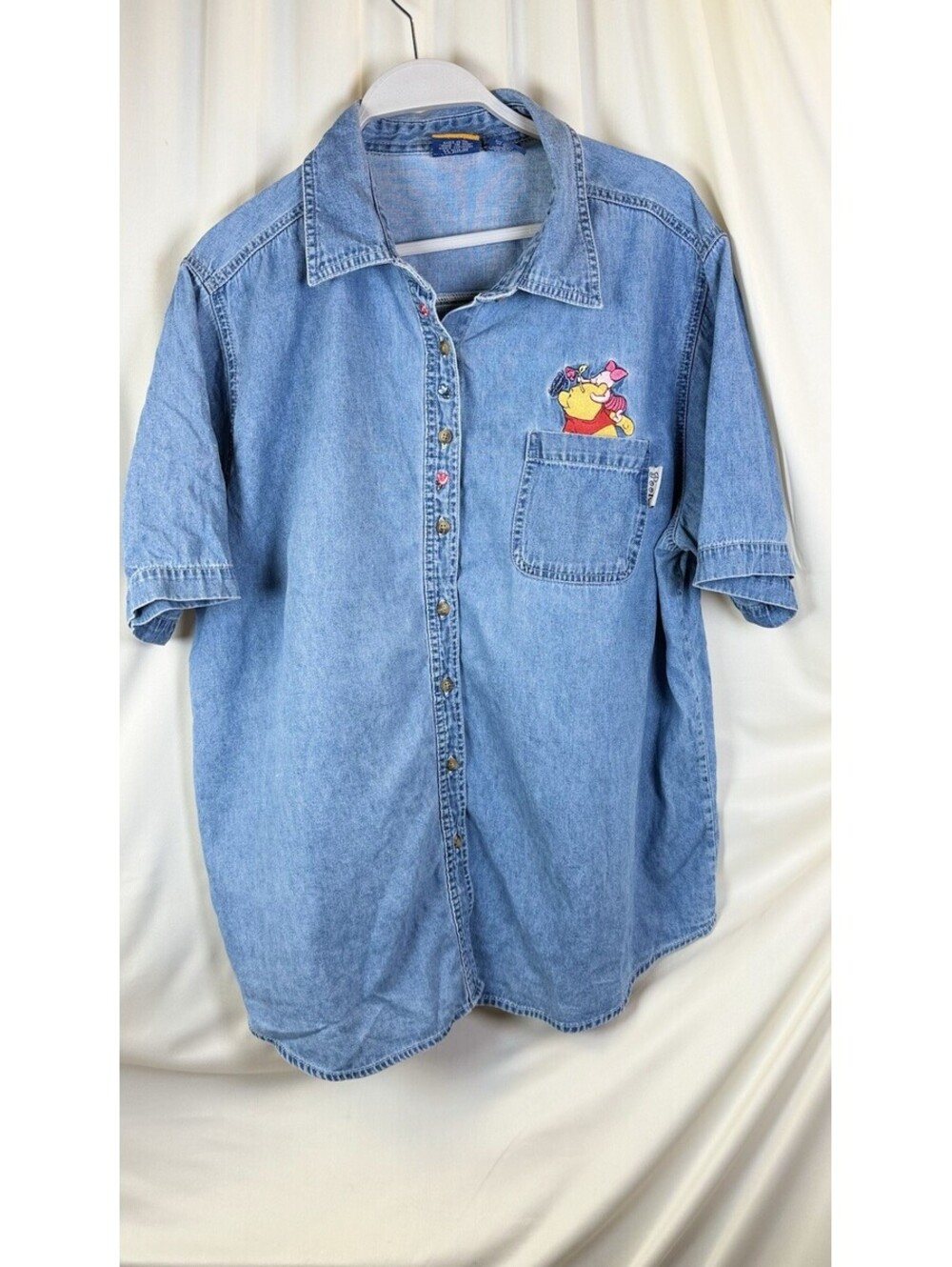 Disney Pooh Woman 18W/20W Shirt Blue Denim Short Sleeve Button Up Embroidered